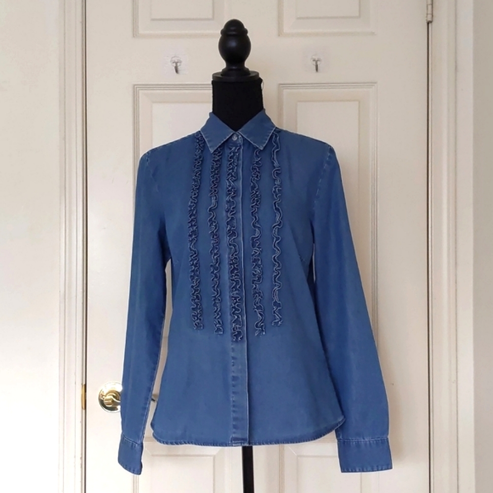 NWOT. High Sierra 100% Cotton Denim Button Down Shirt with Front Ruffle Design.